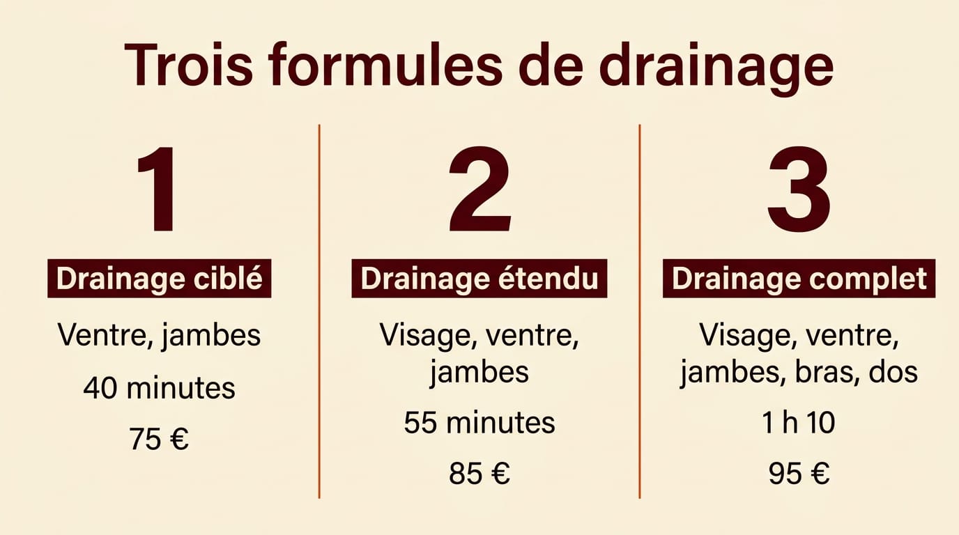Infographie présentant les trois formules de drainage lymphatique manuel proposées au cabinet : drainage ciblé ventre et jambes en 40 minutes, drainage étendu visage ventre et jambes en 55 minutes, drainage complet du corps en 1h10, avec les durées et les zones associées sur fond crème